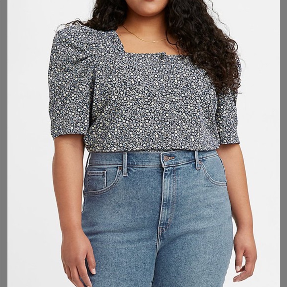 Levi’s Peacoat Floral Joelle Puff-Sleeve Square-Neck Crop Top NWT